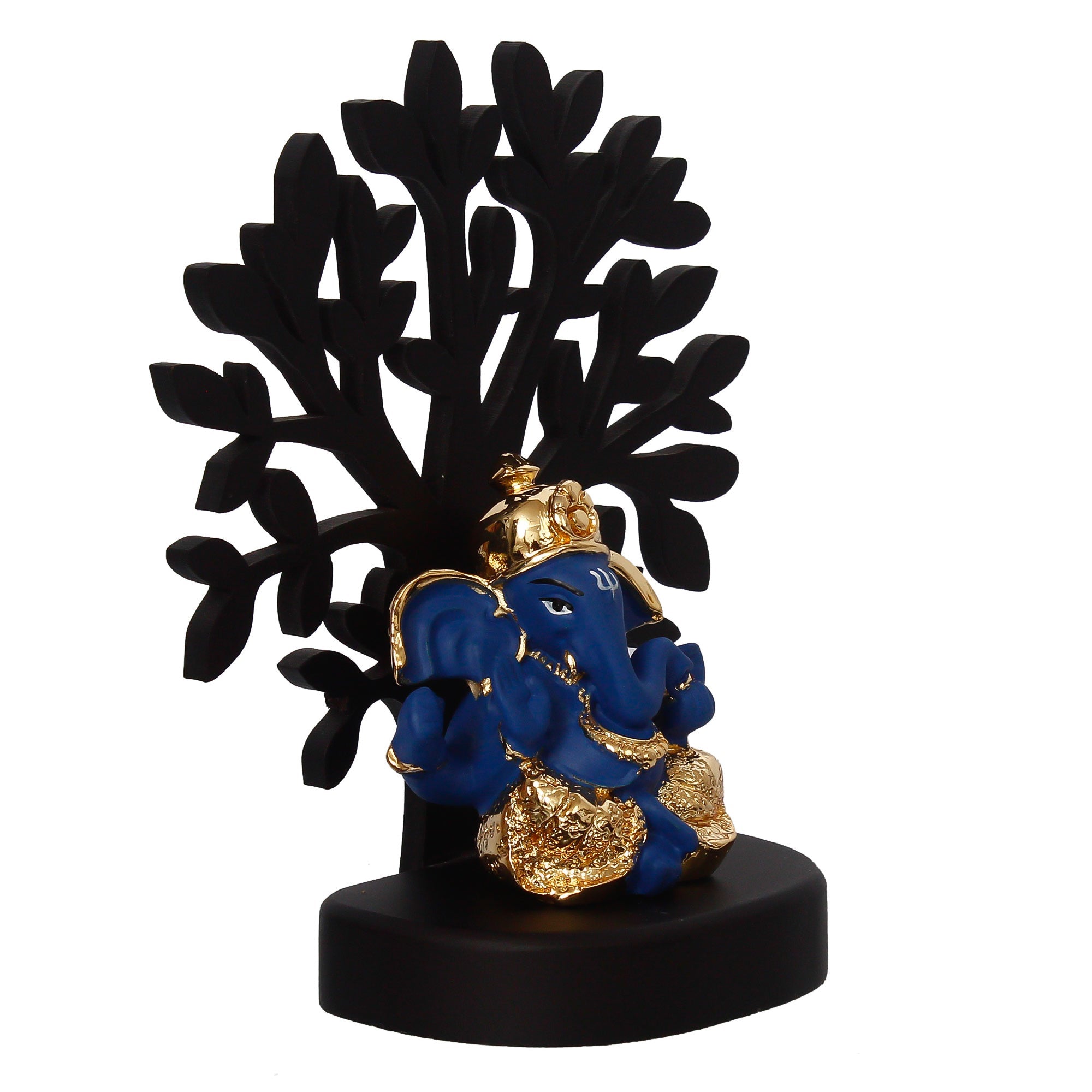 Gold Plated Blue Polyresin Ganesha Idol with Wooden Tree for Home, Temple, Office and Car Dashboard Kafalo