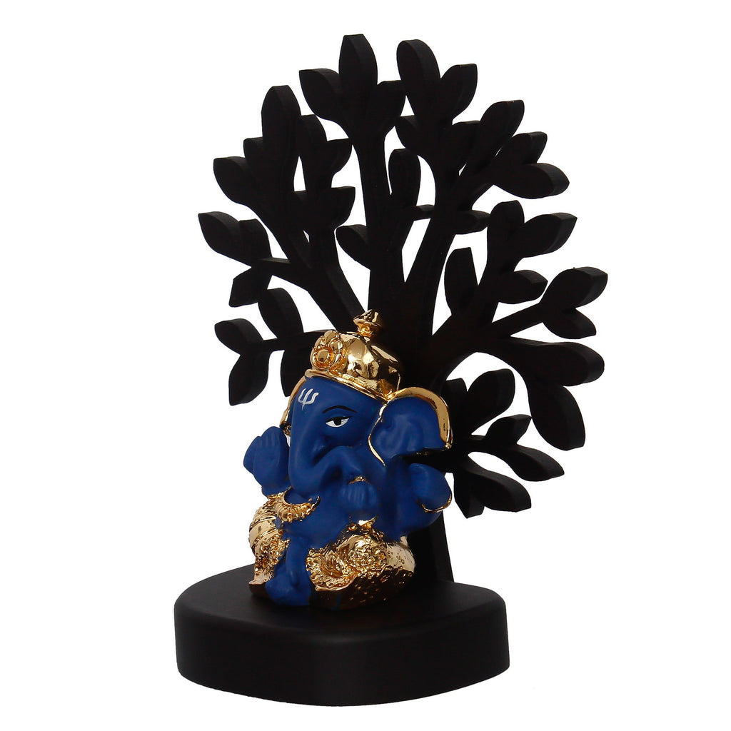 Gold Plated Blue Polyresin Ganesha Idol with Wooden Tree for Home, Temple, Office and Car Dashboard Kafalo