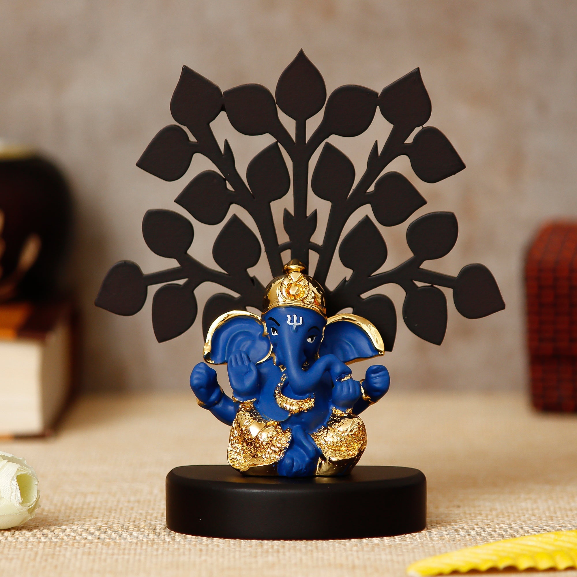 Gold Plated Blue Polyresin Ganesha Idol with Wooden Tree for Home, Temple, Office and Car Dashboard Kafalo