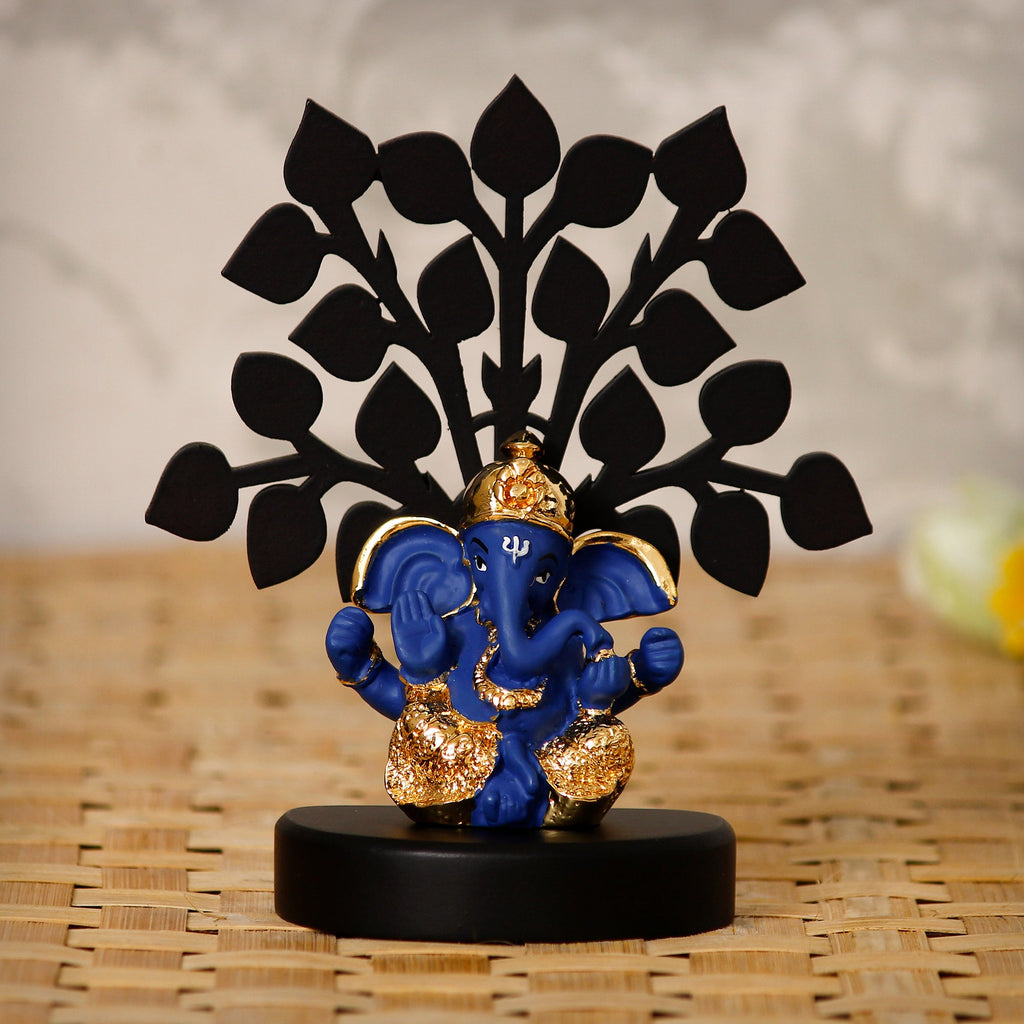 Gold Plated Blue Polyresin Ganesha Idol with Wooden Tree for Home, Temple, Office and Car Dashboard Kafalo