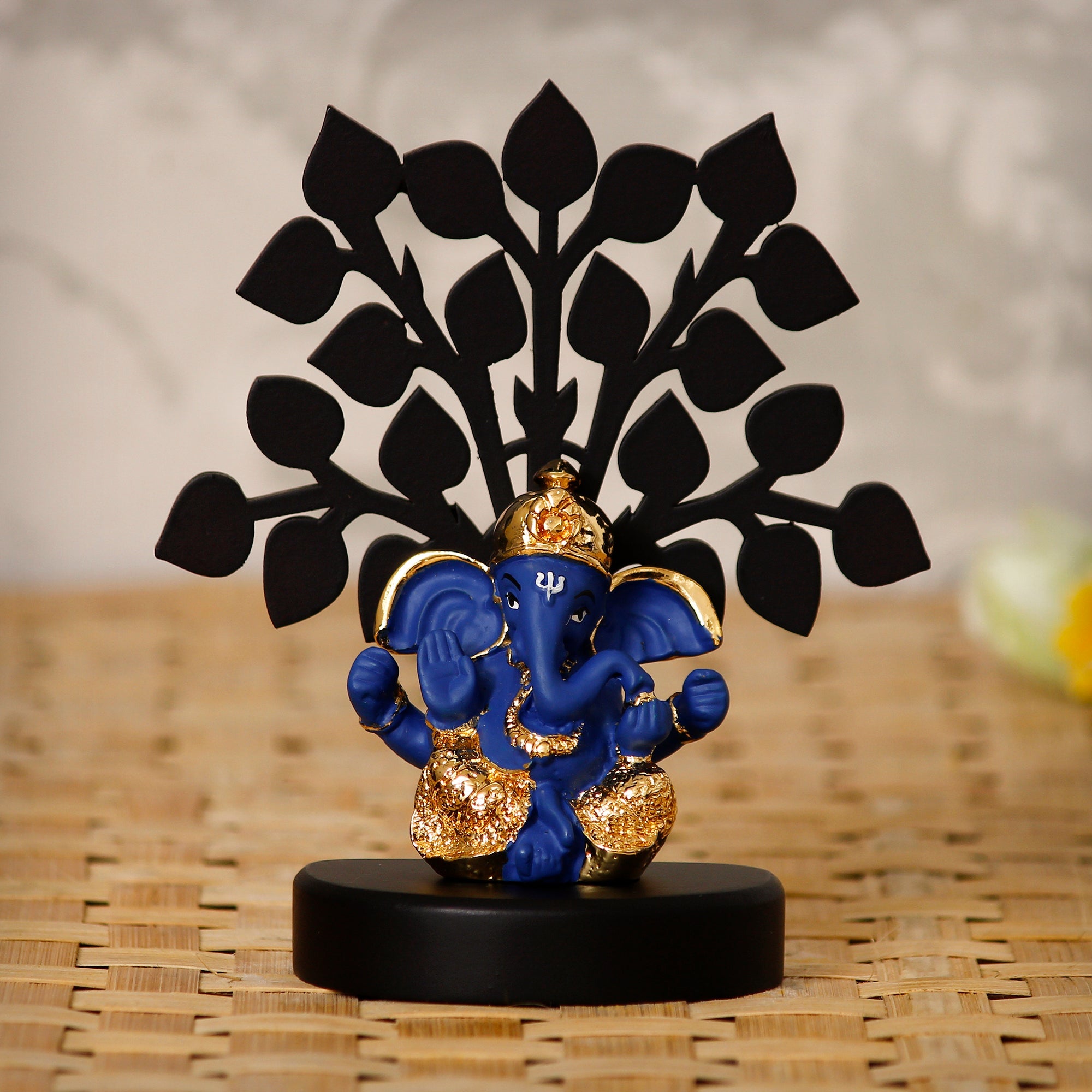 Gold Plated Blue Polyresin Ganesha Idol with Wooden Tree for Home, Temple, Office and Car Dashboard Kafalo