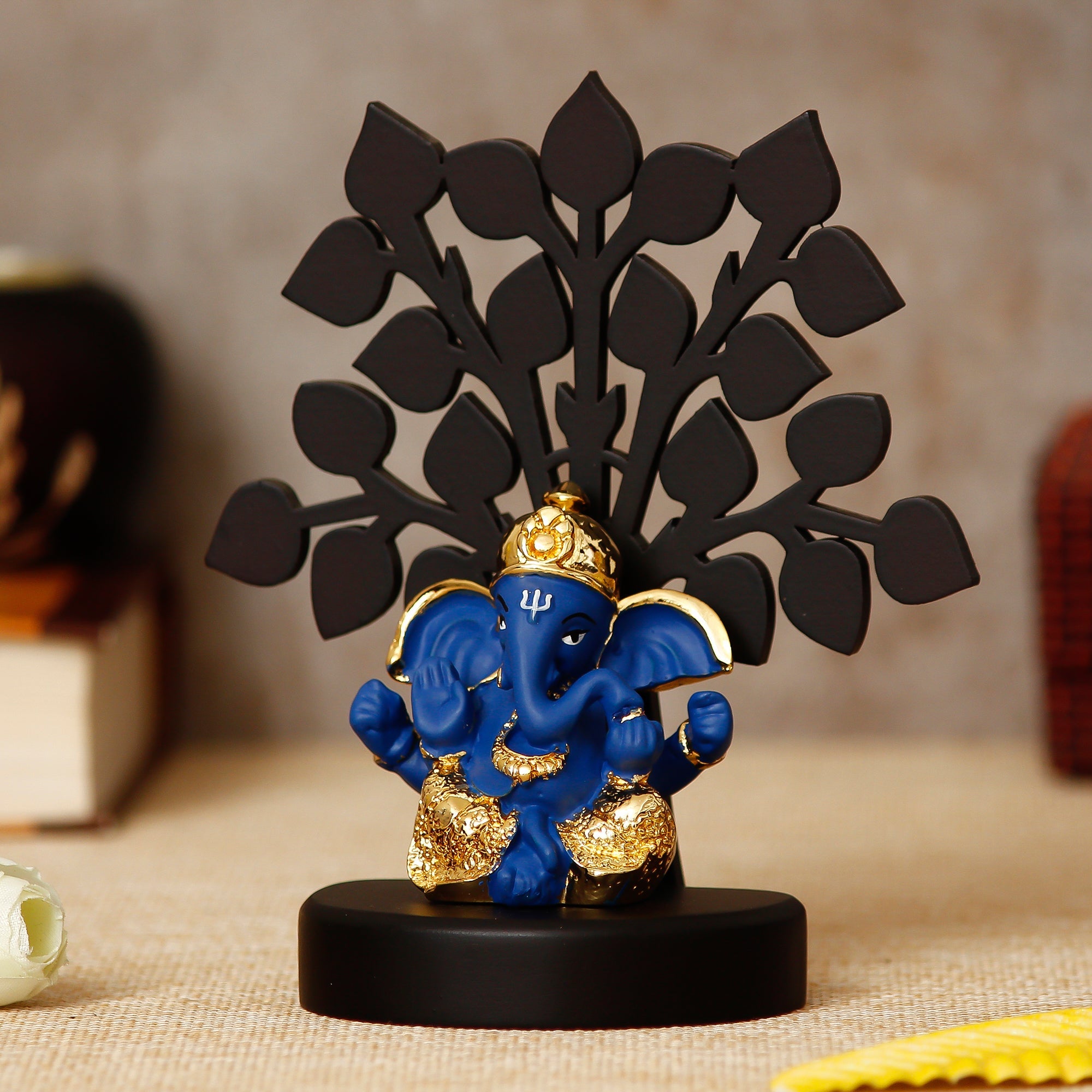 Gold Plated Blue Polyresin Ganesha Idol with Wooden Tree for Home, Temple, Office and Car Dashboard Kafalo