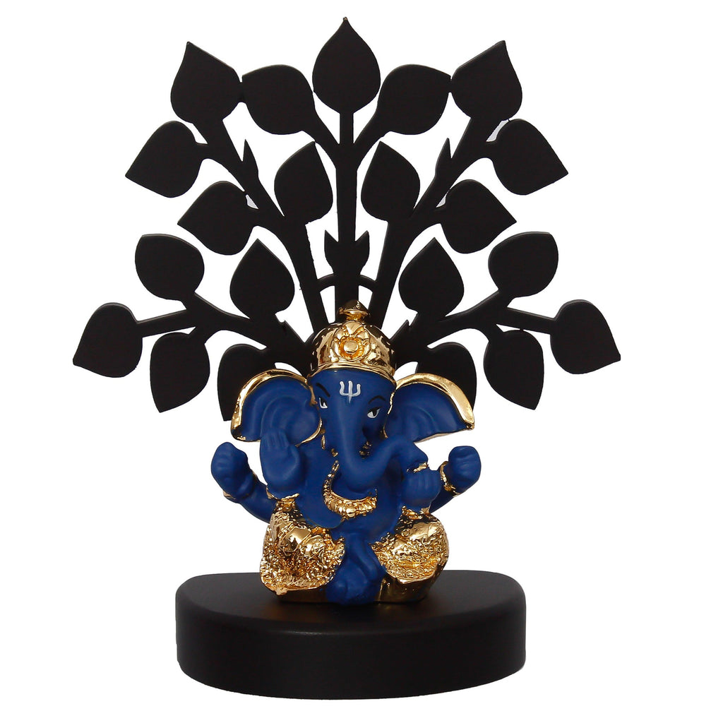 Gold Plated Blue Polyresin Ganesha Idol with Wooden Tree for Home, Temple, Office and Car Dashboard Kafalo