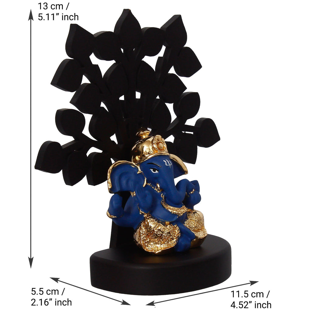 Gold Plated Blue Polyresin Ganesha Idol with Wooden Tree for Home, Temple, Office and Car Dashboard Kafalo