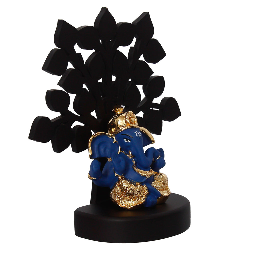 Gold Plated Blue Polyresin Ganesha Idol with Wooden Tree for Home, Temple, Office and Car Dashboard Kafalo