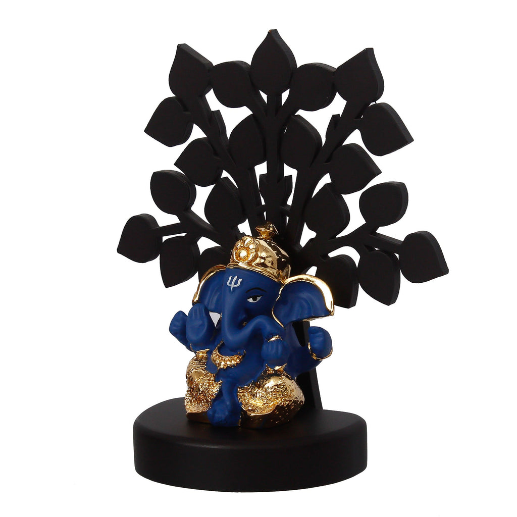 Gold Plated Blue Polyresin Ganesha Idol with Wooden Tree for Home, Temple, Office and Car Dashboard Kafalo