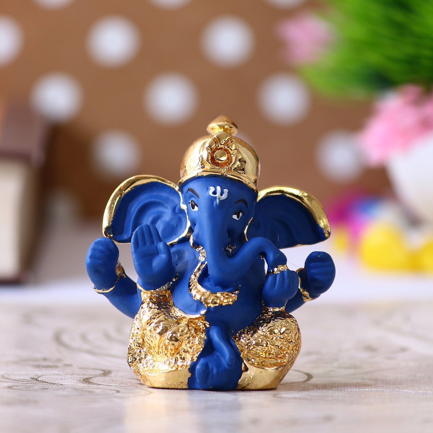 Gold Plated Blue Polyresin Ganesha Idol for Home, Temple, Office and Car Dashboard Kafalo