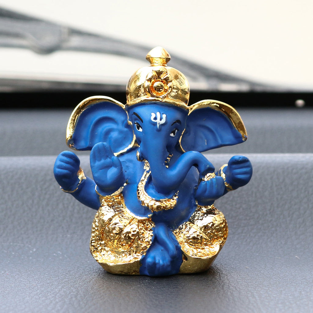 Gold Plated Blue Polyresin Ganesha Idol for Home, Temple, Office and Car Dashboard Kafalo