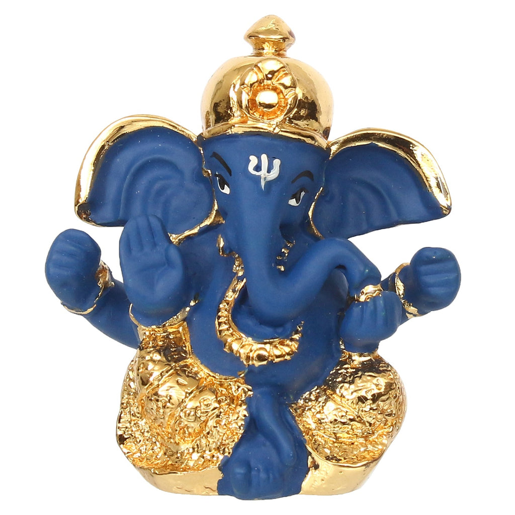 Gold Plated Blue Polyresin Ganesha Idol for Home, Temple, Office and Car Dashboard Kafalo