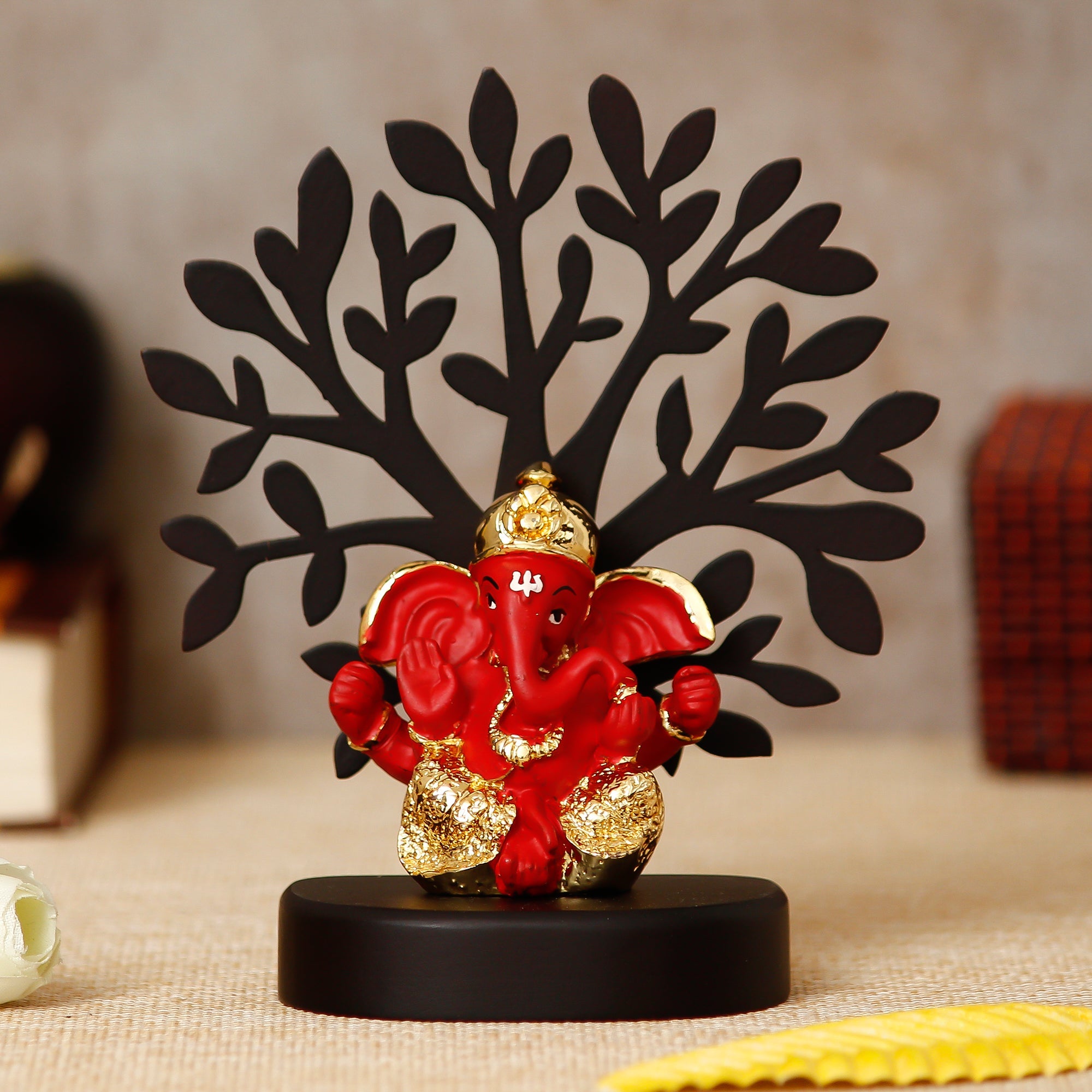 Gold Plated Orange Polyresin Ganesha Idol with Wooden Tree for Home, Temple, Office and Car Dashboard Kafalo