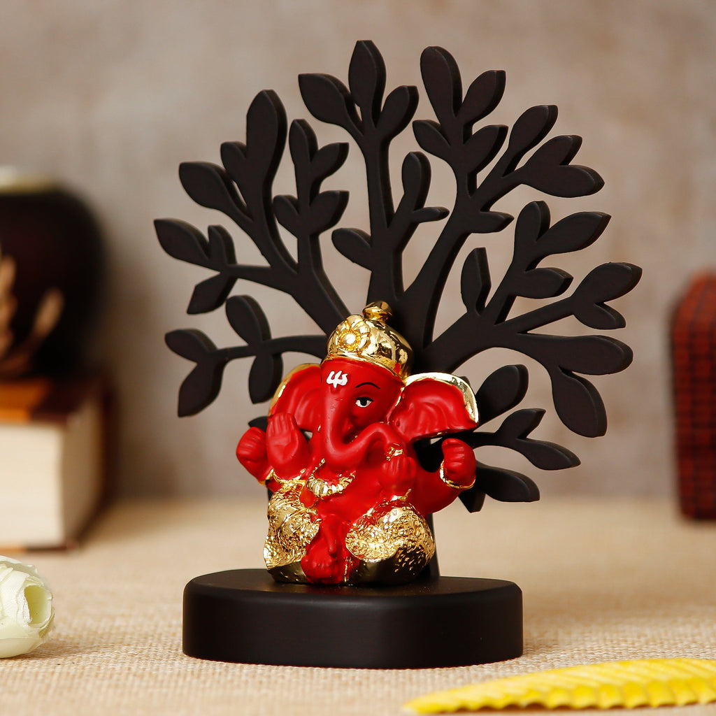 Gold Plated Orange Polyresin Ganesha Idol with Wooden Tree for Home, Temple, Office and Car Dashboard Kafalo