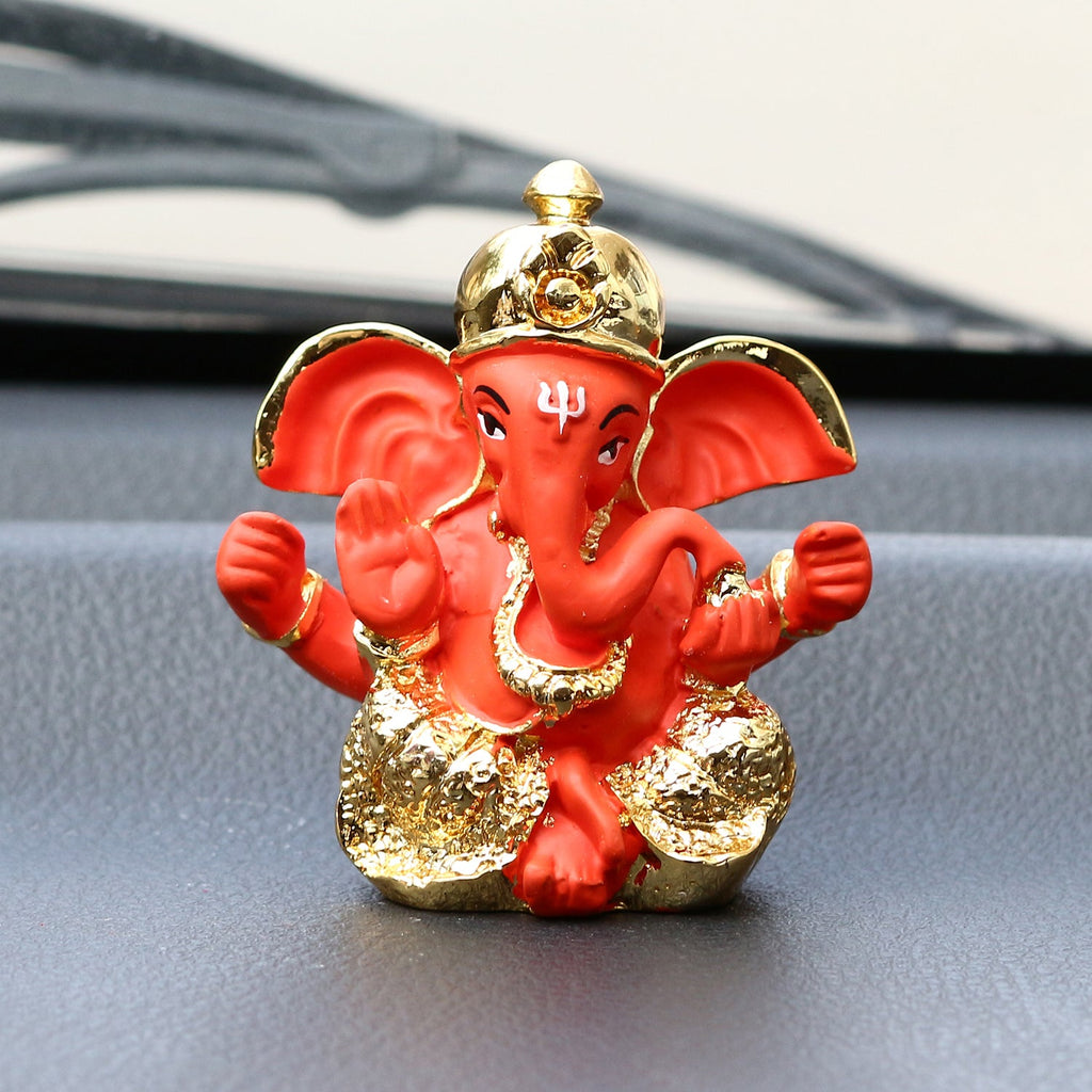Gold Plated Orange Polyresin Ganesha Idol for Home, Temple, Office and Car Dashboard Kafalo