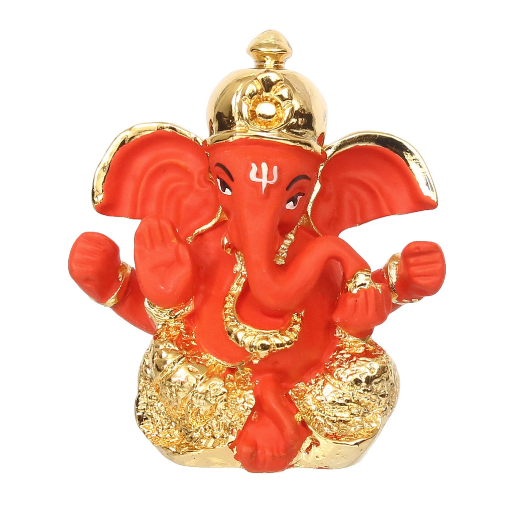 Gold Plated Orange Polyresin Ganesha Idol for Home, Temple, Office and Car Dashboard Kafalo
