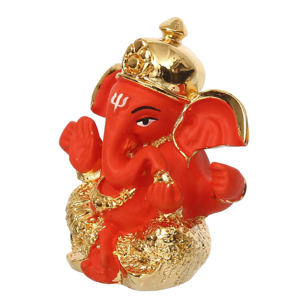 Gold Plated Orange Polyresin Ganesha Idol for Home, Temple, Office and Car Dashboard Kafalo