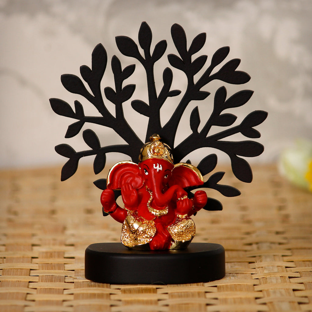 Gold Plated Red Polyresin Dhoti Ganesha Idol with Wooden Tree for Home, Temple, Office and Car Dashboard Kafalo