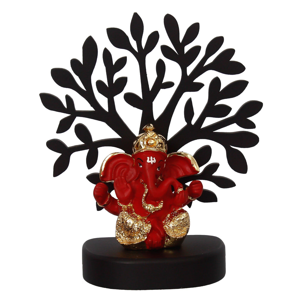 Gold Plated Red Polyresin Dhoti Ganesha Idol with Wooden Tree for Home, Temple, Office and Car Dashboard Kafalo
