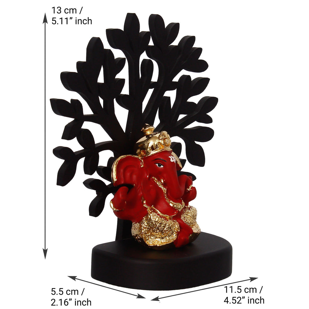 Gold Plated Red Polyresin Dhoti Ganesha Idol with Wooden Tree for Home, Temple, Office and Car Dashboard Kafalo