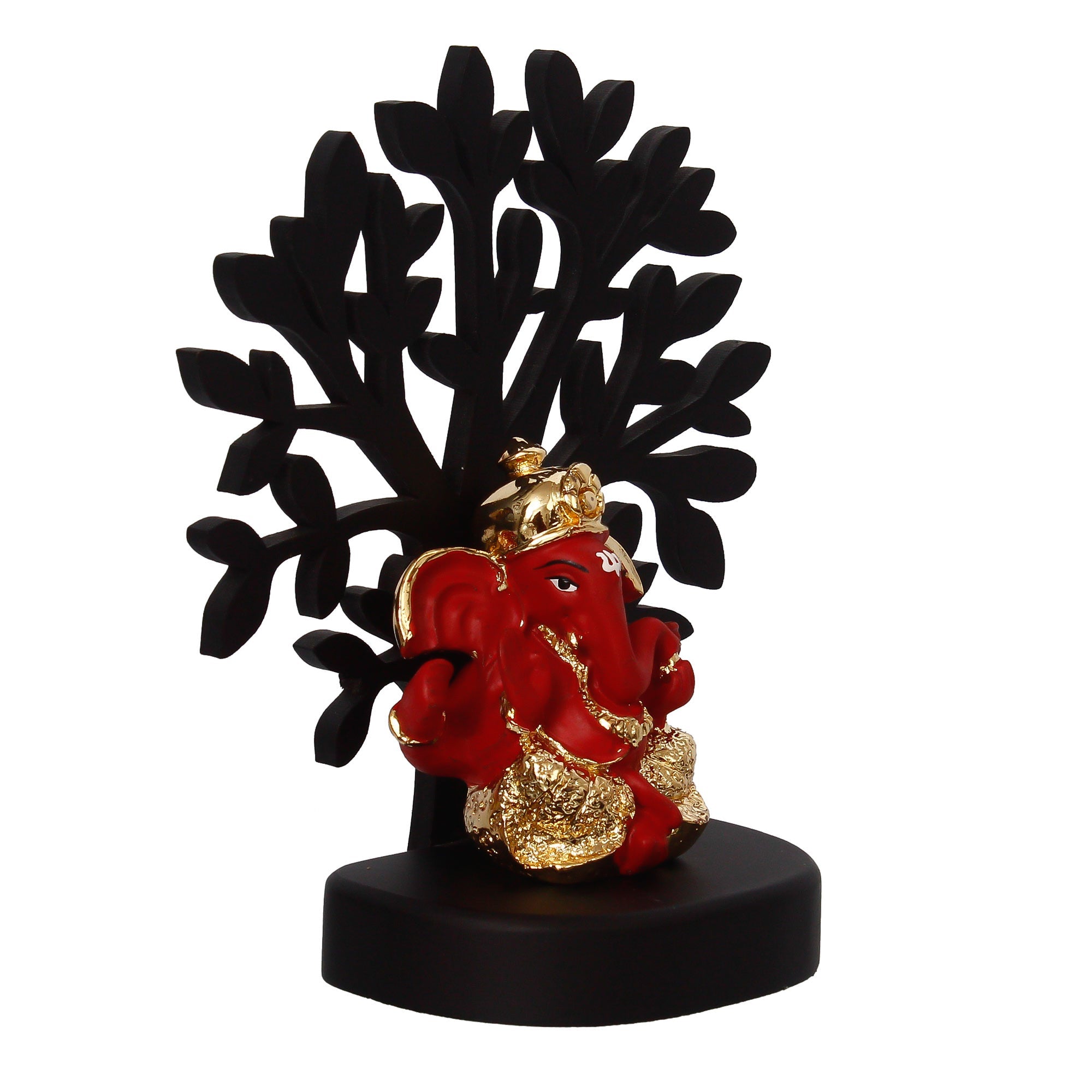 Gold Plated Red Polyresin Dhoti Ganesha Idol with Wooden Tree for Home, Temple, Office and Car Dashboard Kafalo