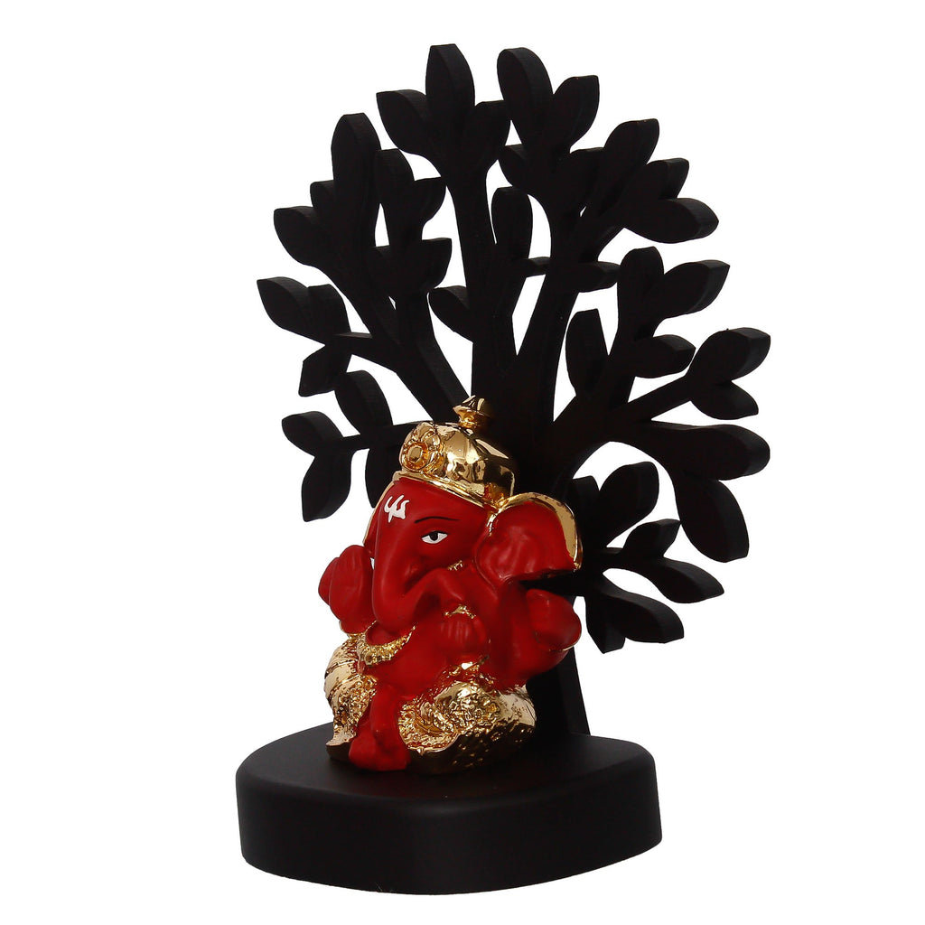 Gold Plated Red Polyresin Dhoti Ganesha Idol with Wooden Tree for Home, Temple, Office and Car Dashboard Kafalo