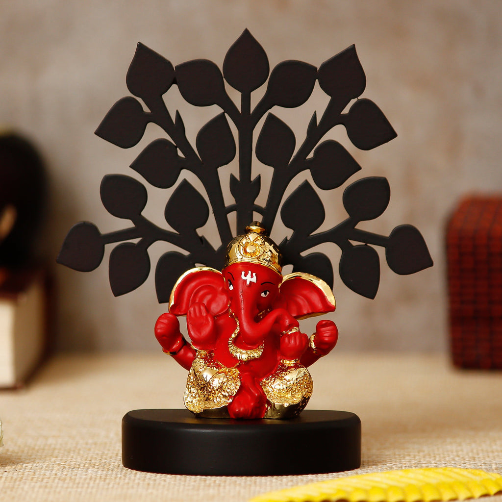 Gold Plated Red Polyresin Ganesha Idol with Wooden Tree for Home, Temple, Office and Car Dashboard Kafalo