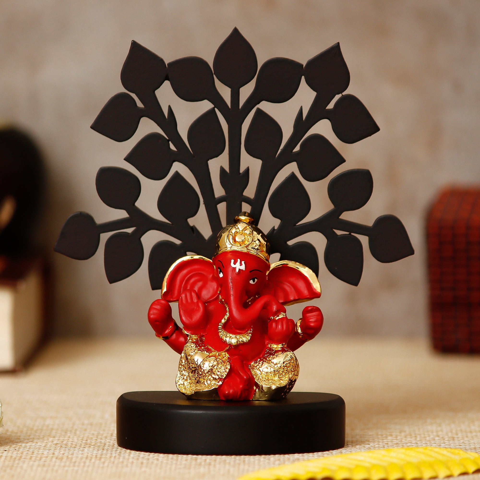 Gold Plated Red Polyresin Ganesha Idol with Wooden Tree for Home, Temple, Office and Car Dashboard Kafalo