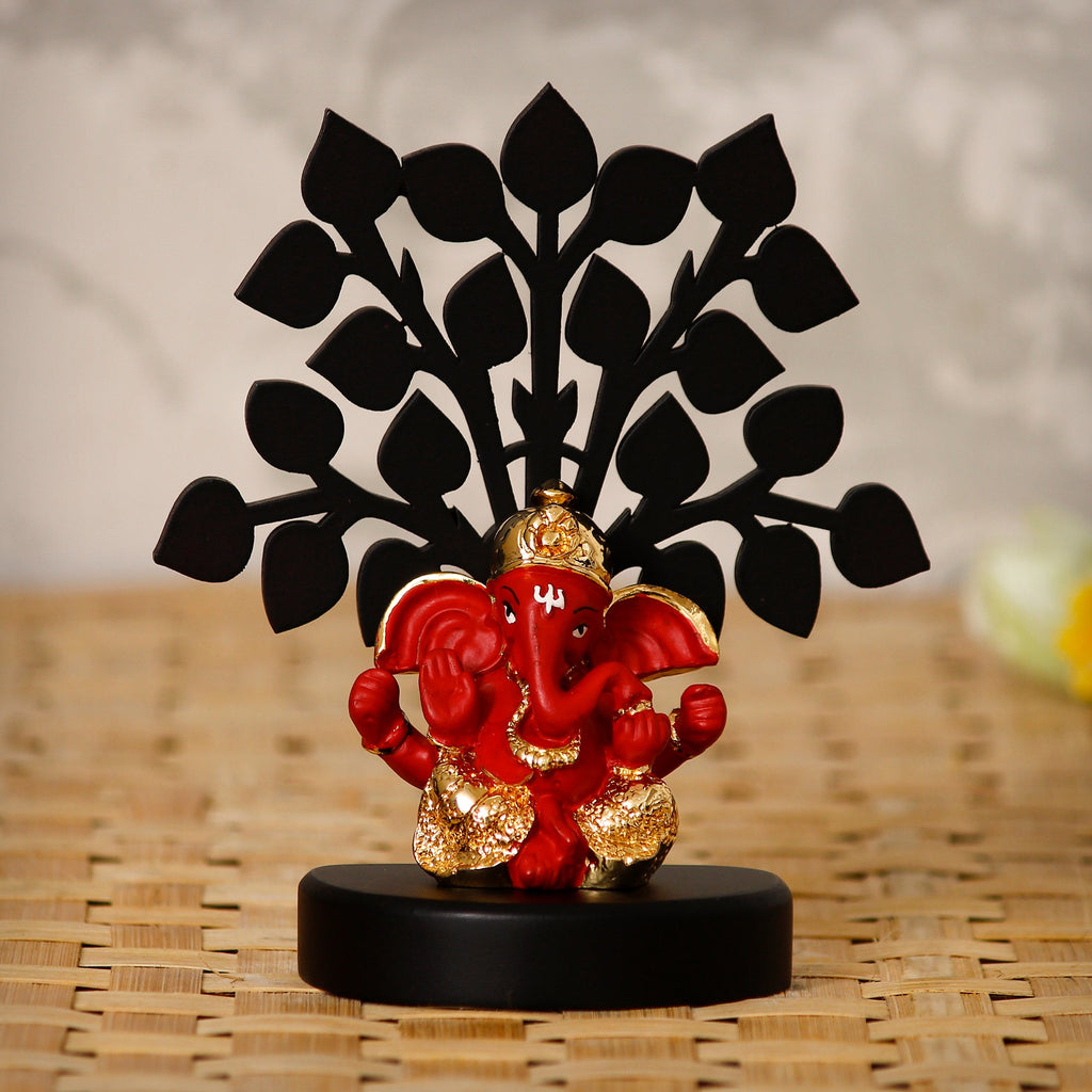 Gold Plated Red Polyresin Ganesha Idol with Wooden Tree for Home, Temple, Office and Car Dashboard Kafalo