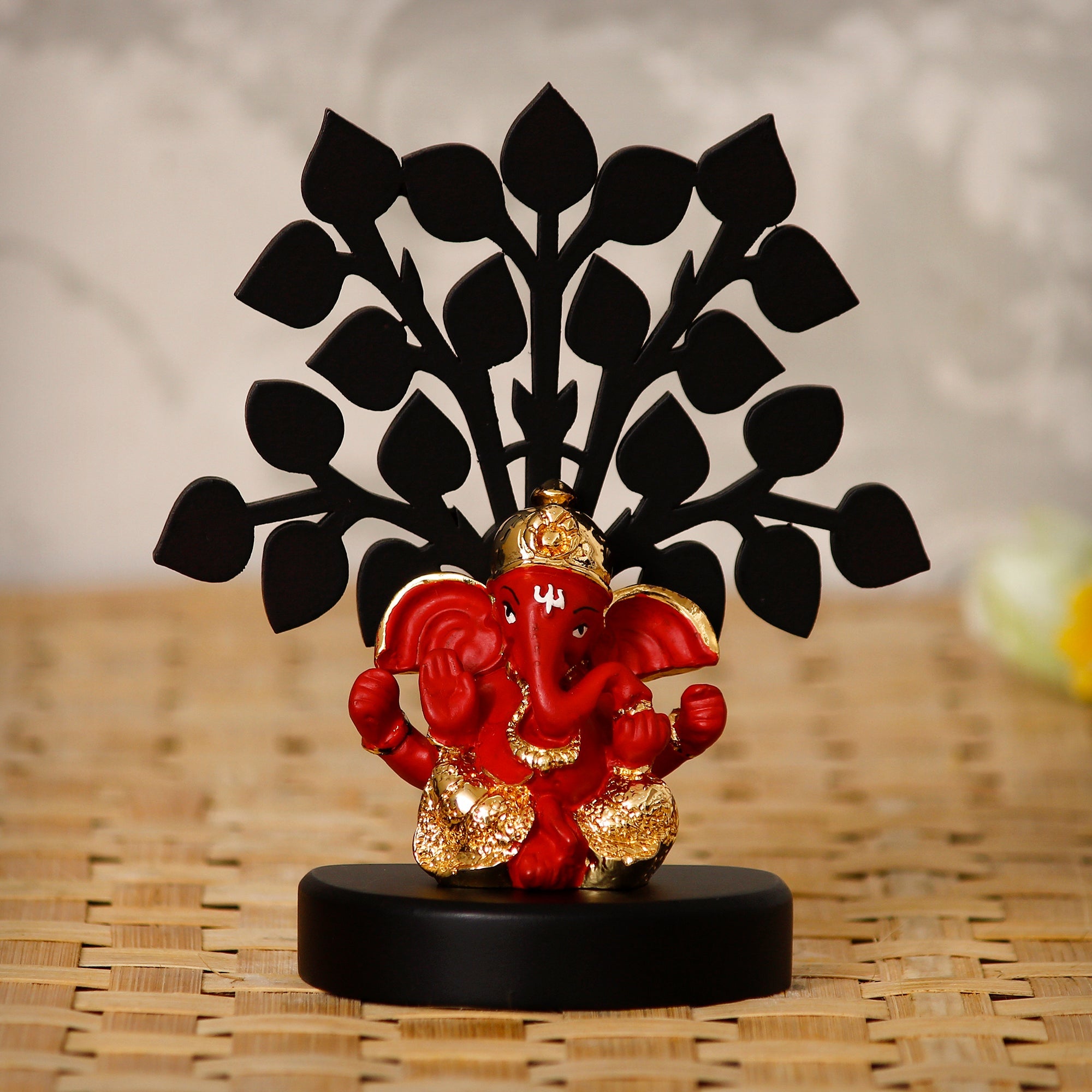 Gold Plated Red Polyresin Ganesha Idol with Wooden Tree for Home, Temple, Office and Car Dashboard Kafalo