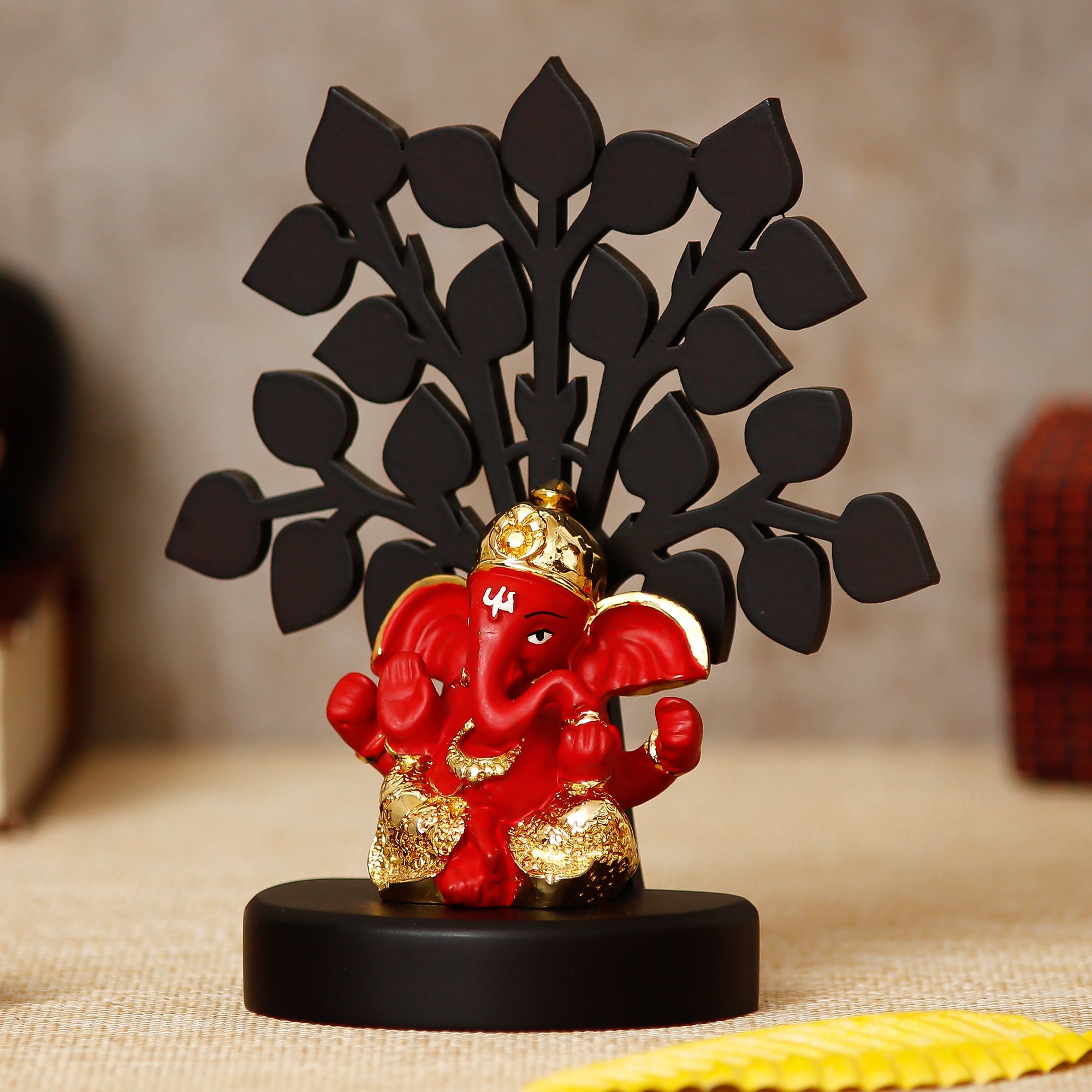 Gold Plated Red Polyresin Ganesha Idol with Wooden Tree for Home, Temple, Office and Car Dashboard Kafalo