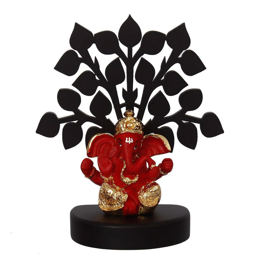 Gold Plated Red Polyresin Ganesha Idol with Wooden Tree for Home, Temple, Office and Car Dashboard Kafalo