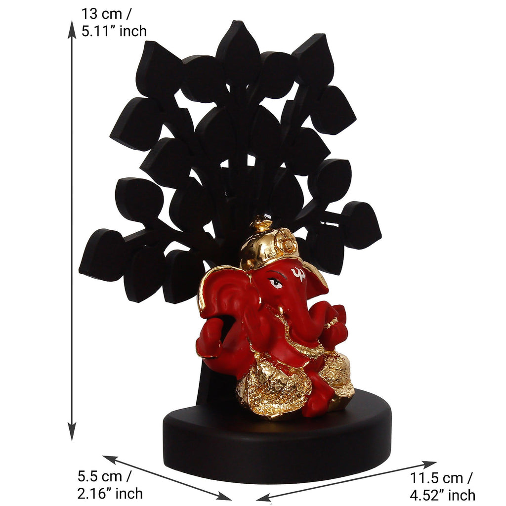 Gold Plated Red Polyresin Ganesha Idol with Wooden Tree for Home, Temple, Office and Car Dashboard Kafalo