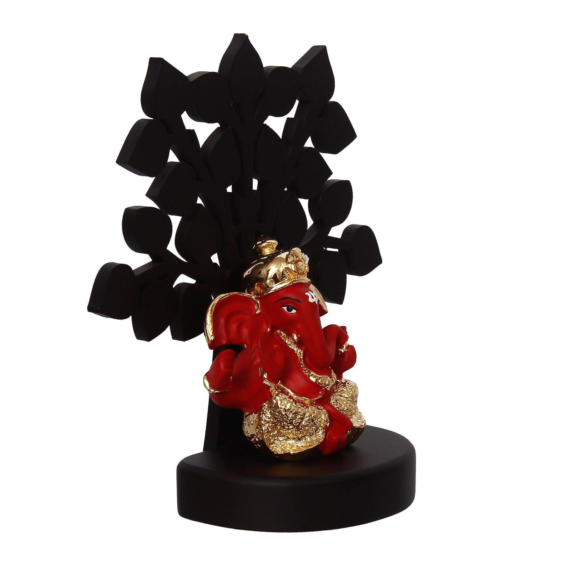 Gold Plated Red Polyresin Ganesha Idol with Wooden Tree for Home, Temple, Office and Car Dashboard Kafalo