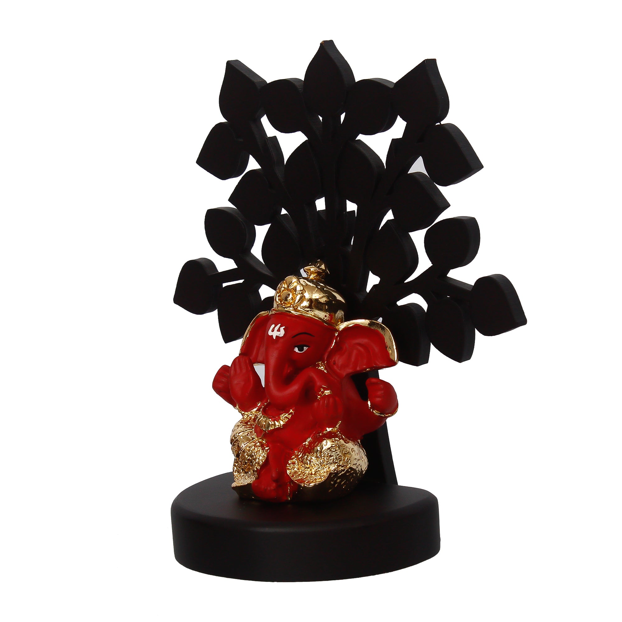 Gold Plated Red Polyresin Ganesha Idol with Wooden Tree for Home, Temple, Office and Car Dashboard Kafalo