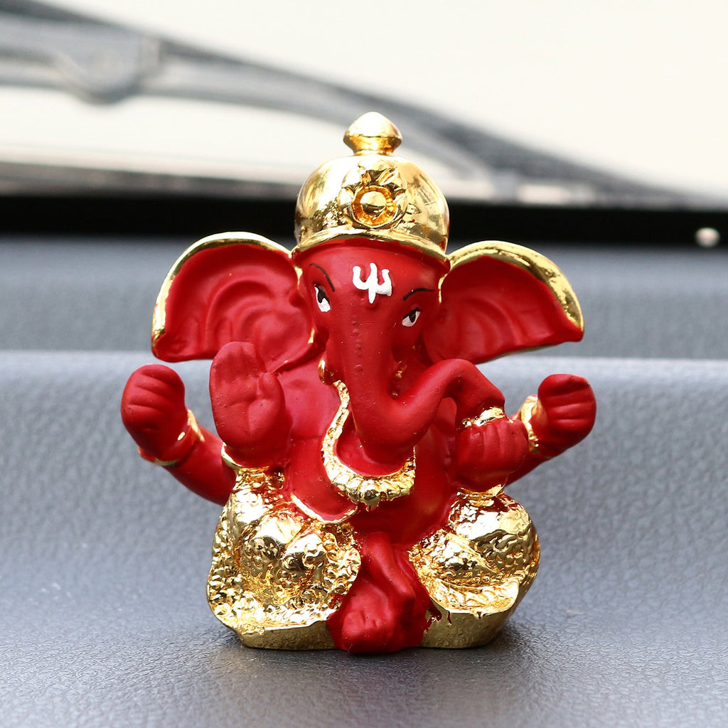 Gold Plated Red Polyresin Ganesha Idol for Home, Temple, Office and Car Dashboard Kafalo