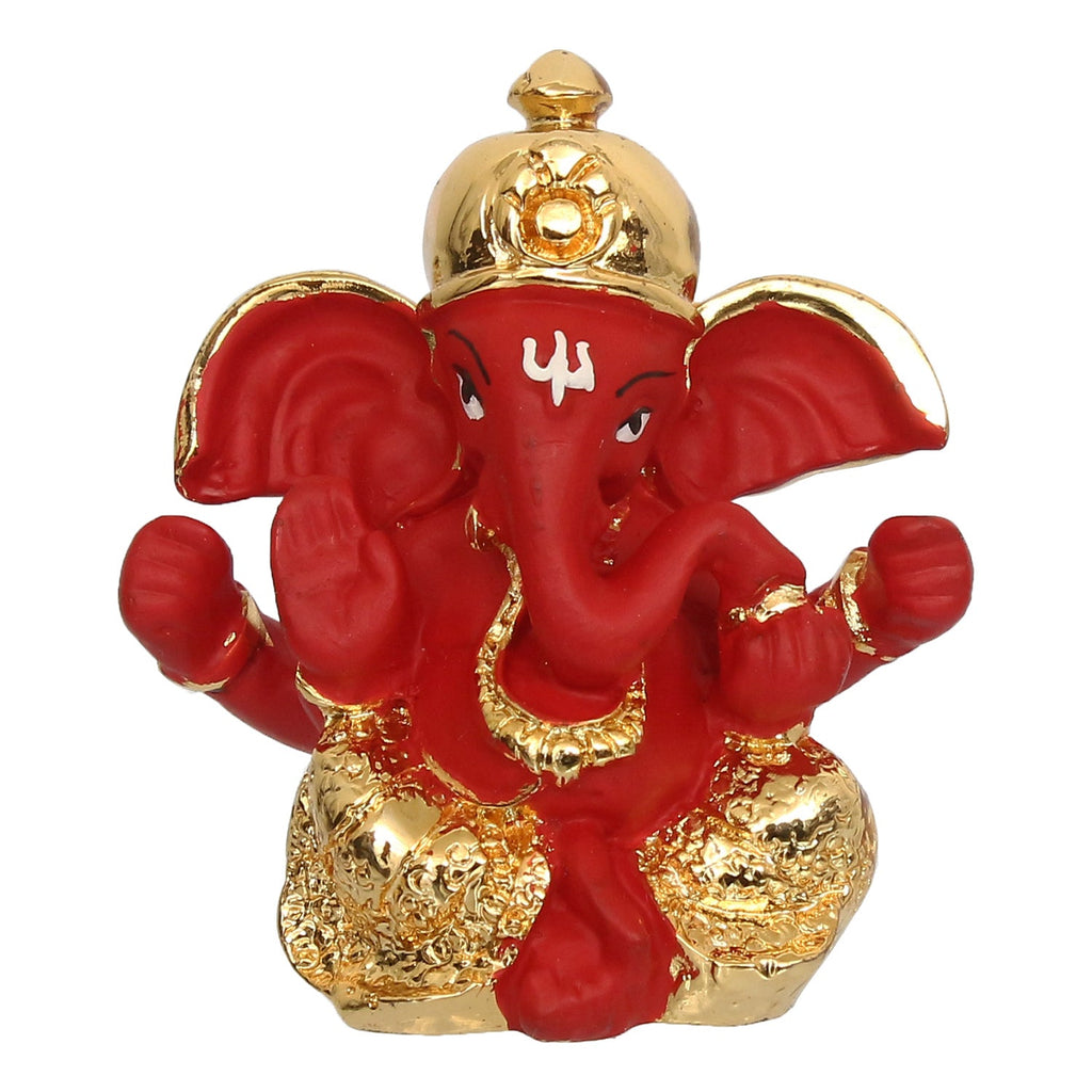 Gold Plated Red Polyresin Ganesha Idol for Home, Temple, Office and Car Dashboard Kafalo