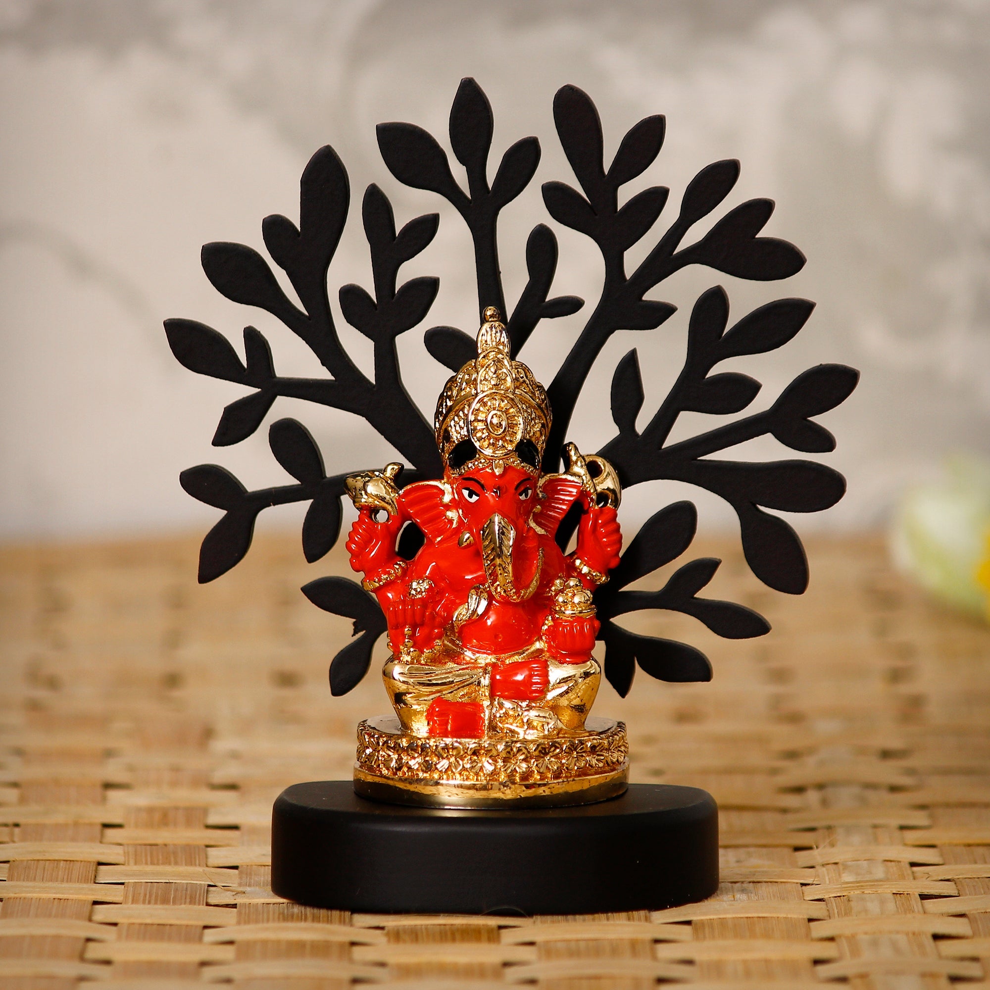 Gold Plated Orange Polyresin Ganesha Idol with Wooden Tree for Home, Temple, Office and Car Dashboard Kafalo