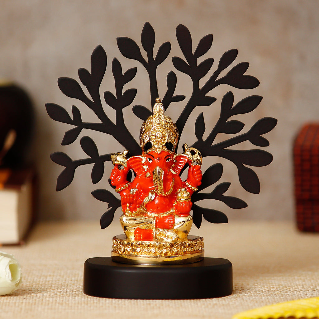 Gold Plated Orange Polyresin Ganesha Idol with Wooden Tree for Home, Temple, Office and Car Dashboard Kafalo