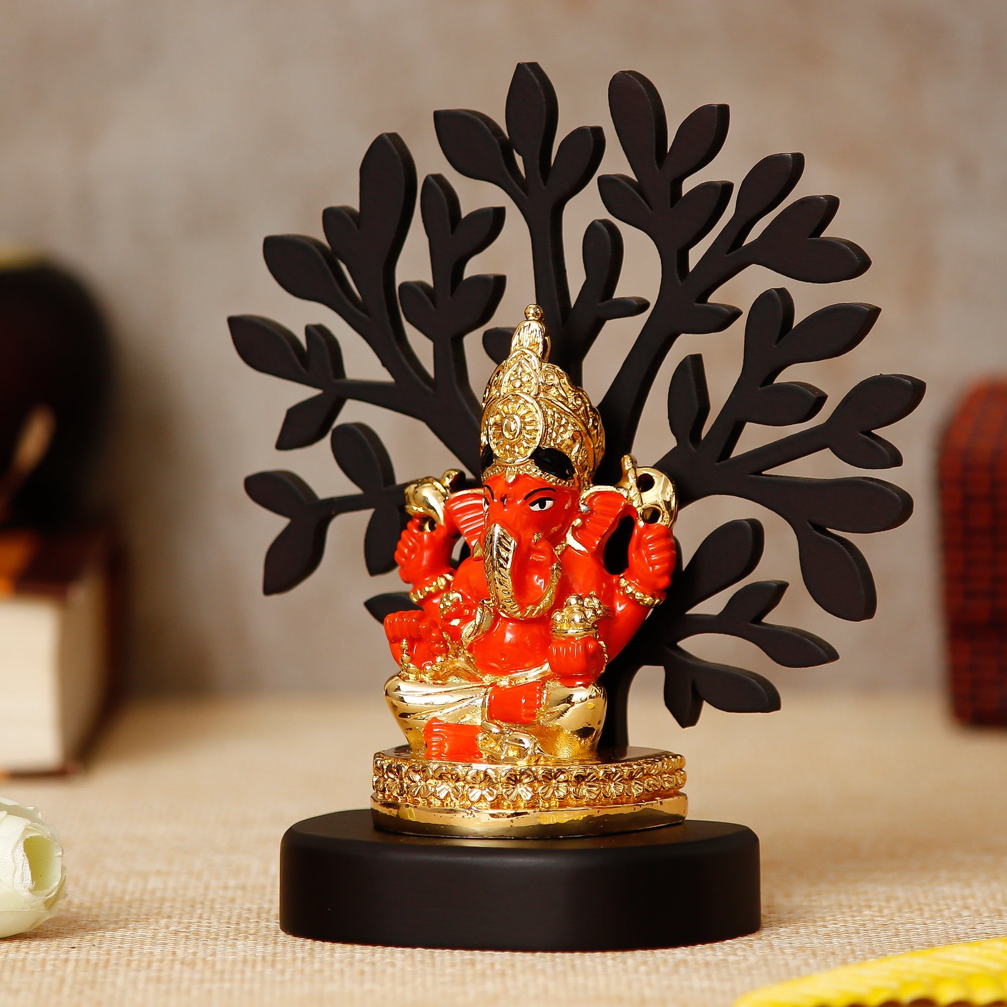 Gold Plated Orange Polyresin Ganesha Idol with Wooden Tree for Home, Temple, Office and Car Dashboard Kafalo