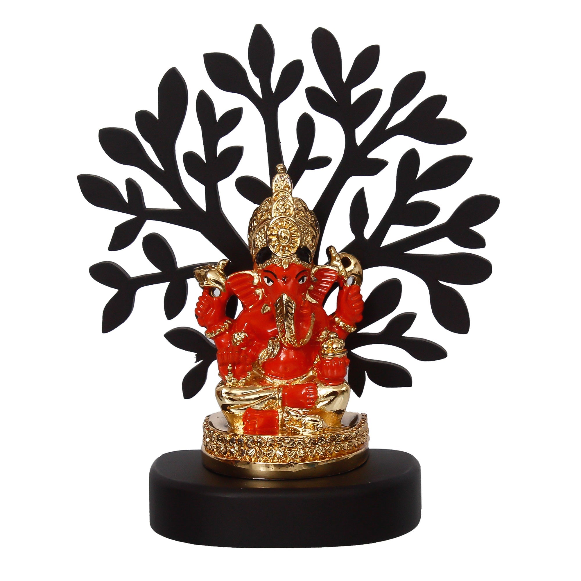 Gold Plated Orange Polyresin Ganesha Idol with Wooden Tree for Home, Temple, Office and Car Dashboard Kafalo
