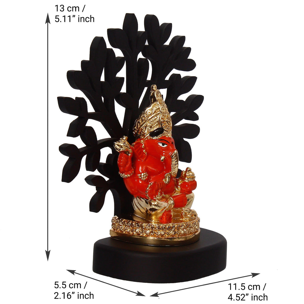 Gold Plated Orange Polyresin Ganesha Idol with Wooden Tree for Home, Temple, Office and Car Dashboard Kafalo