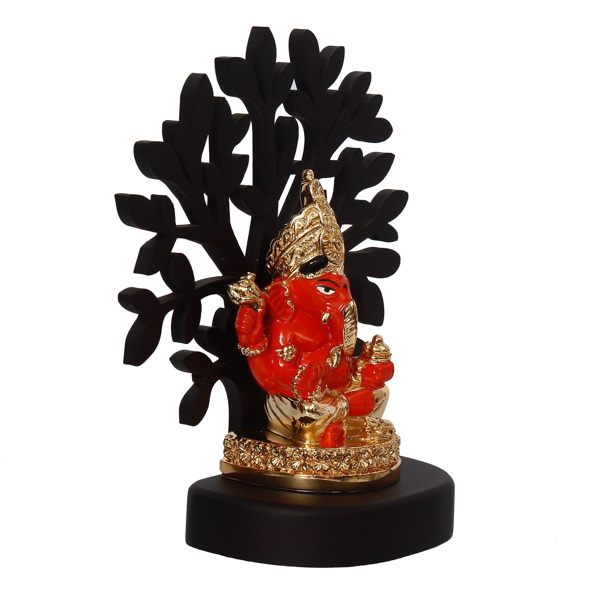 Gold Plated Orange Polyresin Ganesha Idol with Wooden Tree for Home, Temple, Office and Car Dashboard Kafalo