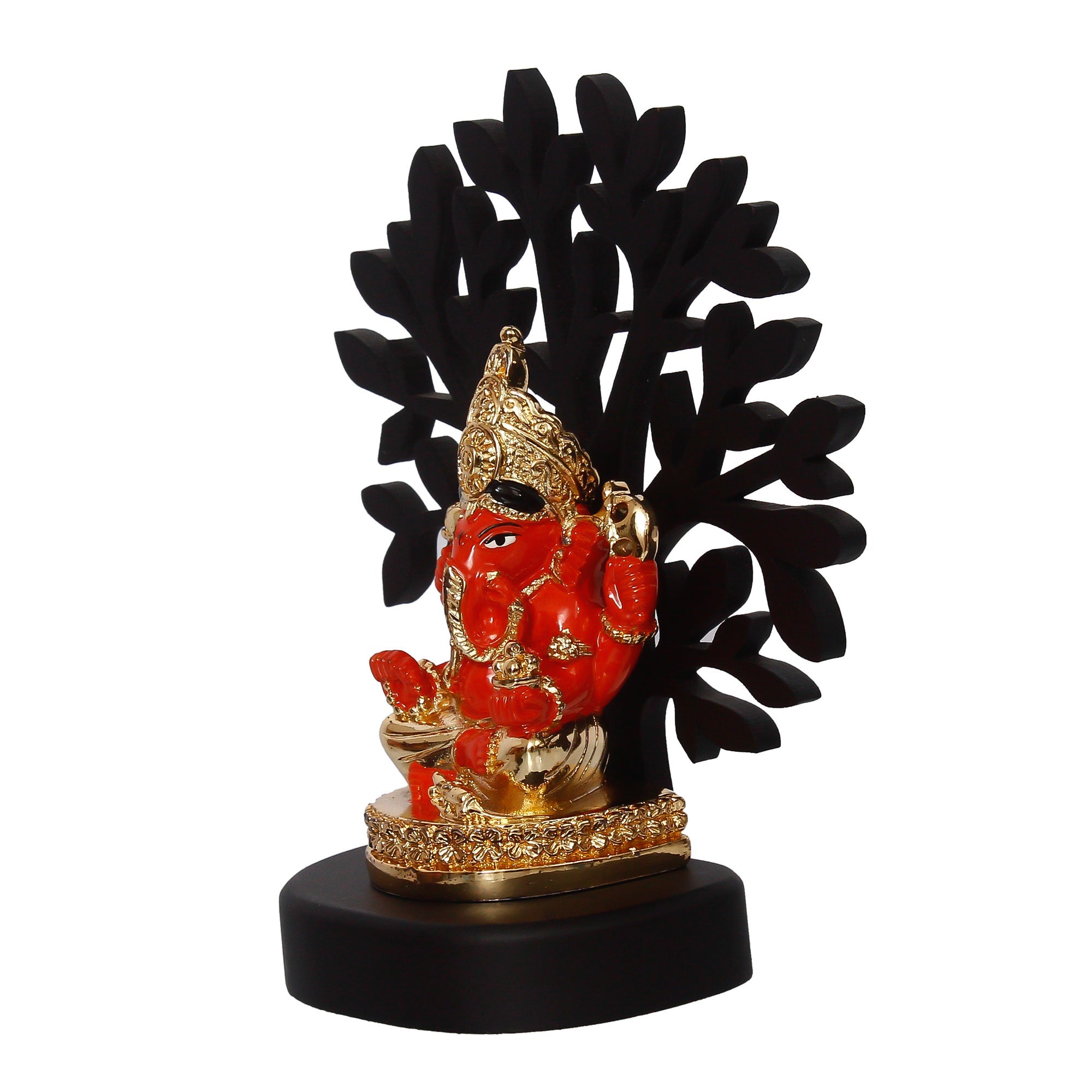 Gold Plated Orange Polyresin Ganesha Idol with Wooden Tree for Home, Temple, Office and Car Dashboard Kafalo