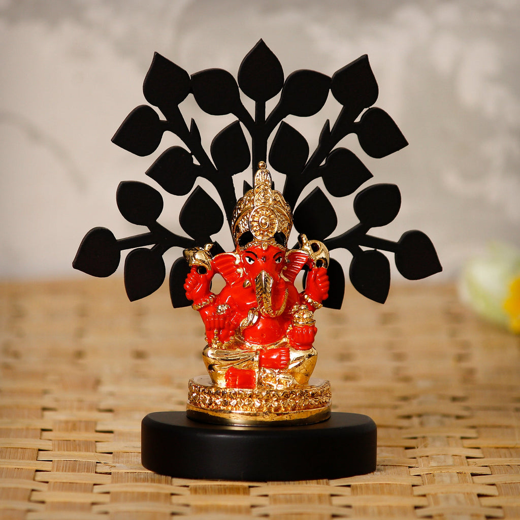Gold Plated Orange Polyresin Ganesha Idol with Wooden Tree for Home, Temple, Office and Car Dashboard Kafalo