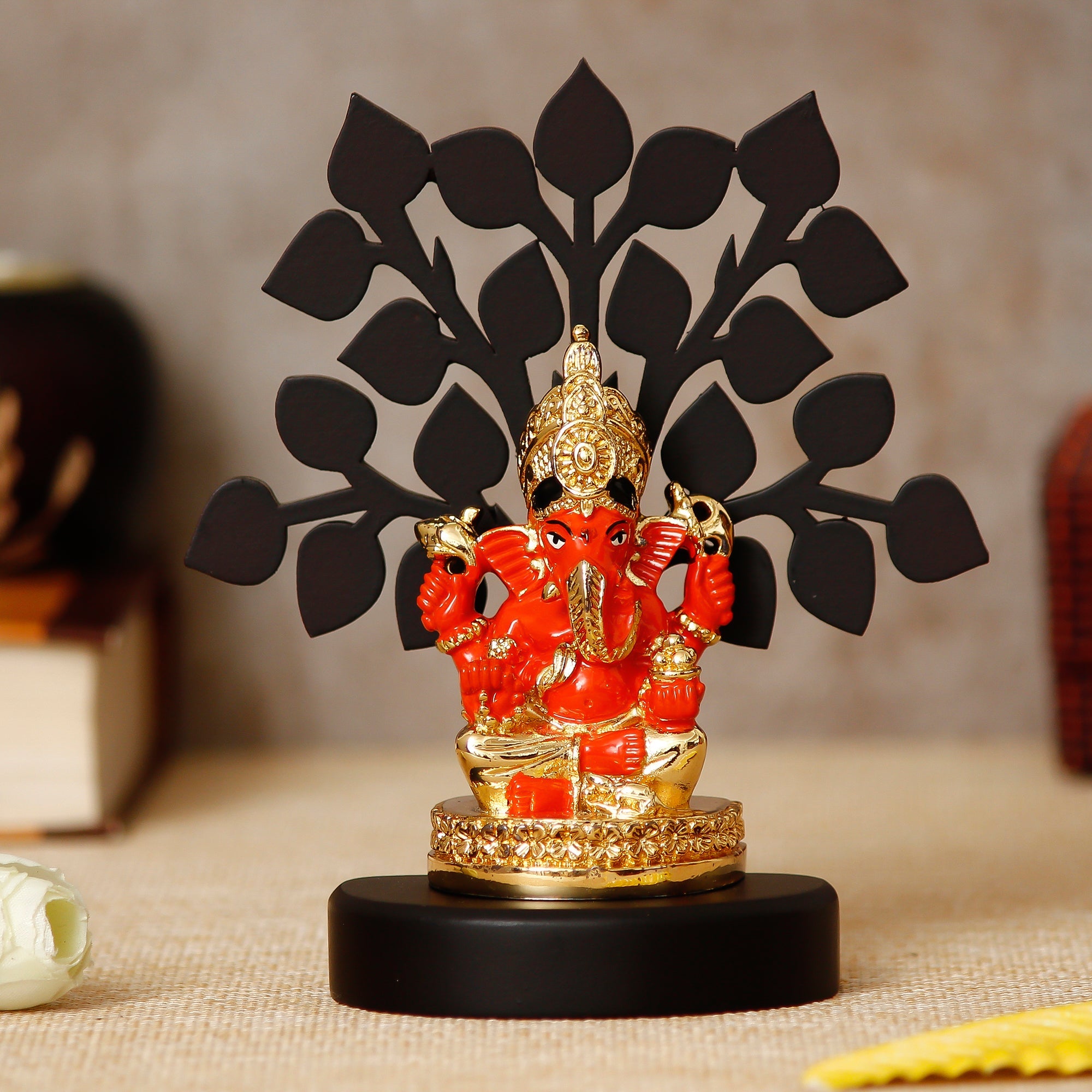 Gold Plated Orange Polyresin Ganesha Idol with Wooden Tree for Home, Temple, Office and Car Dashboard Kafalo
