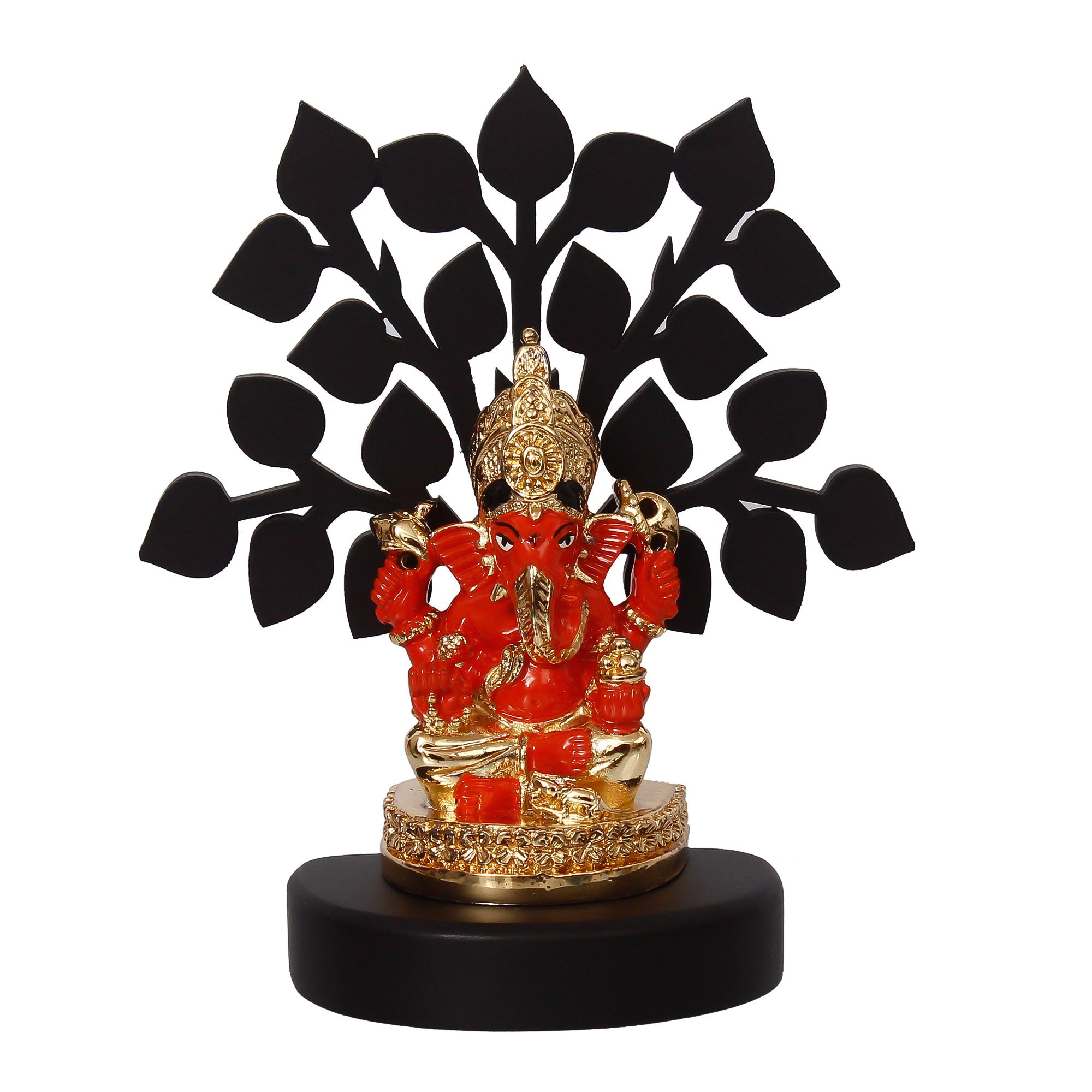 Gold Plated Orange Polyresin Ganesha Idol with Wooden Tree for Home, Temple, Office and Car Dashboard Kafalo