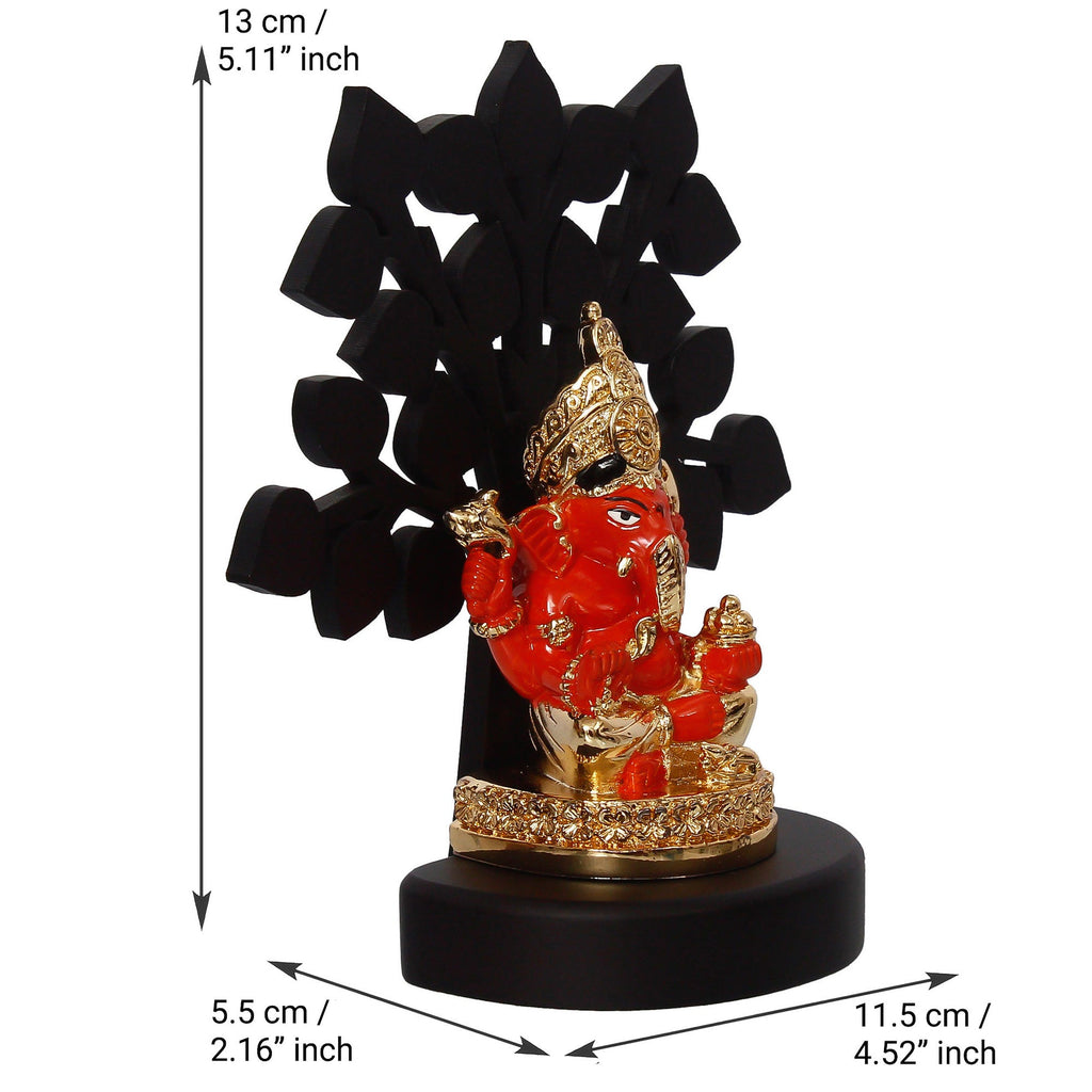 Gold Plated Orange Polyresin Ganesha Idol with Wooden Tree for Home, Temple, Office and Car Dashboard Kafalo