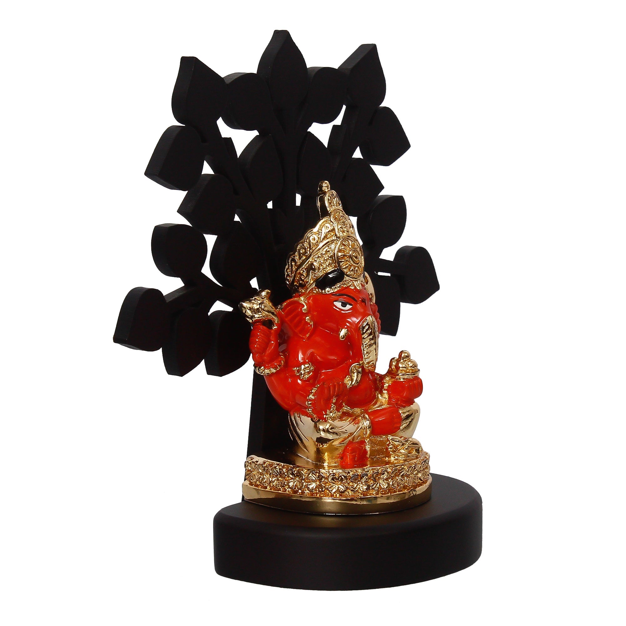 Gold Plated Orange Polyresin Ganesha Idol with Wooden Tree for Home, Temple, Office and Car Dashboard Kafalo