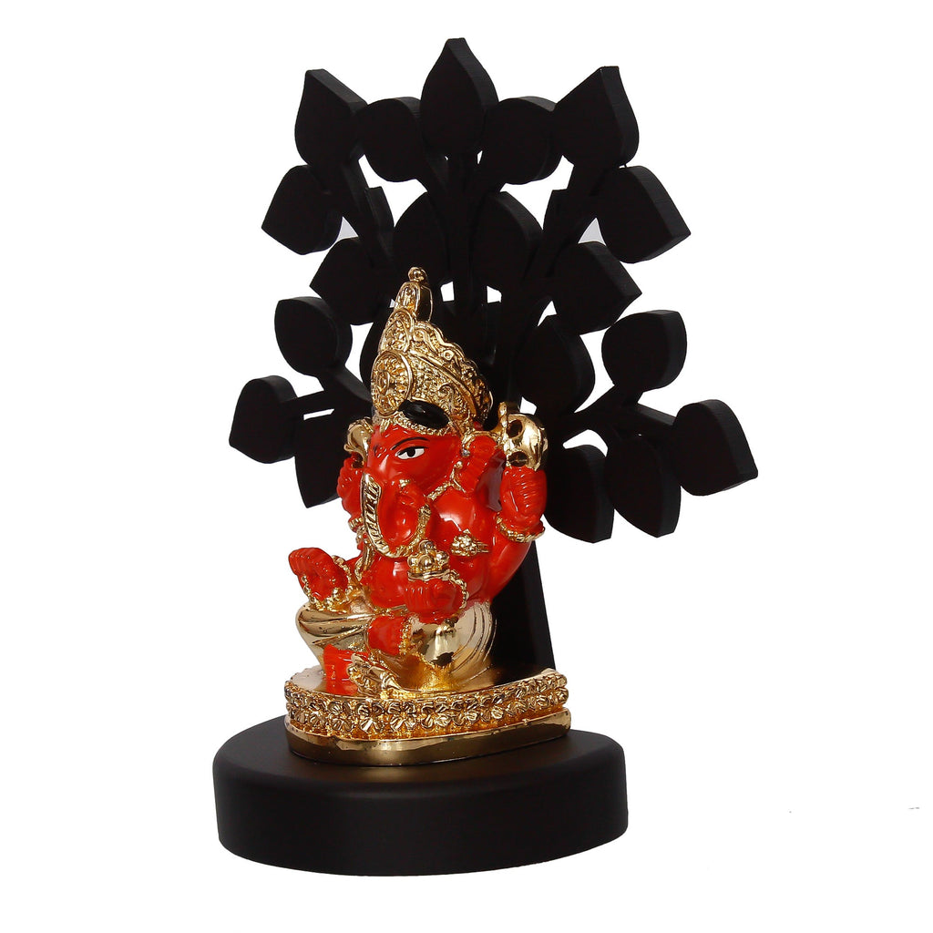 Gold Plated Orange Polyresin Ganesha Idol with Wooden Tree for Home, Temple, Office and Car Dashboard Kafalo