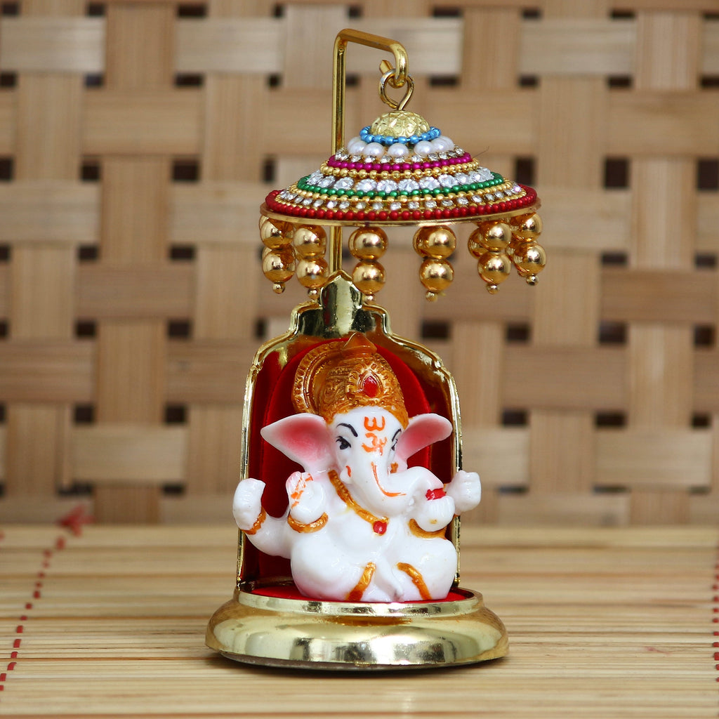Decorative Lord Ganesha Idol with Designer Chatri for Car Dashboard, Home Temple and Office Desks Kafalo
