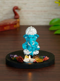Polyresin Silver Plated Blue Ganesha Idol on Wooden Base, Fragranced Petals Tealight Candle Holder Kafalo