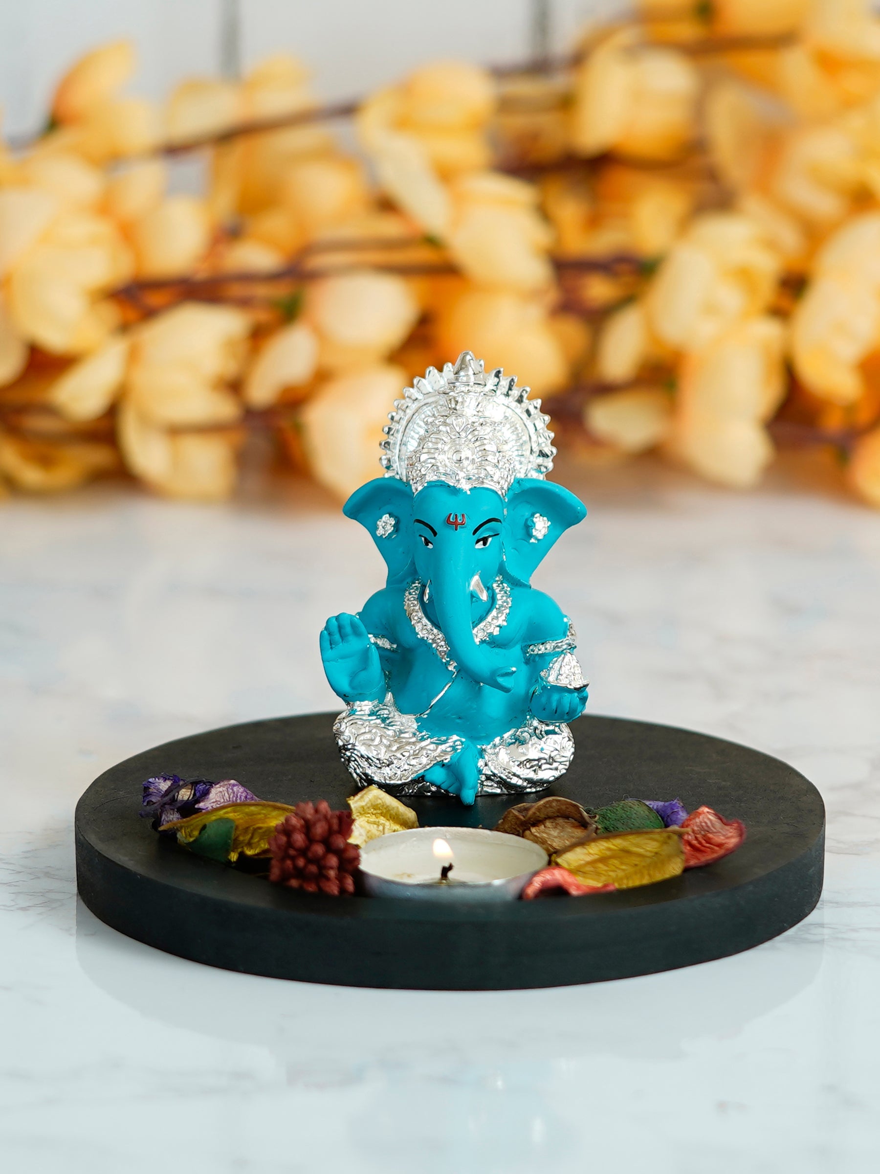 Polyresin Silver Plated Blue Ganesha Idol on Wooden Base, Fragranced Petals Tealight Candle Holder Kafalo